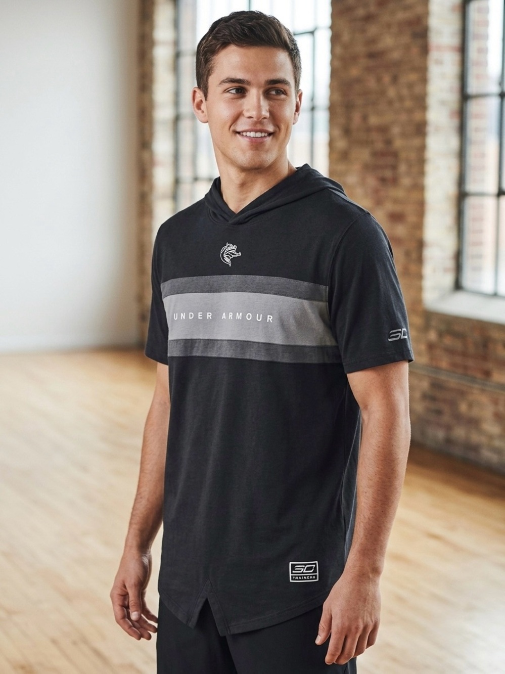 Under Armour Black Short-Sleeve Hooded Athletic Tee with Gray Bands